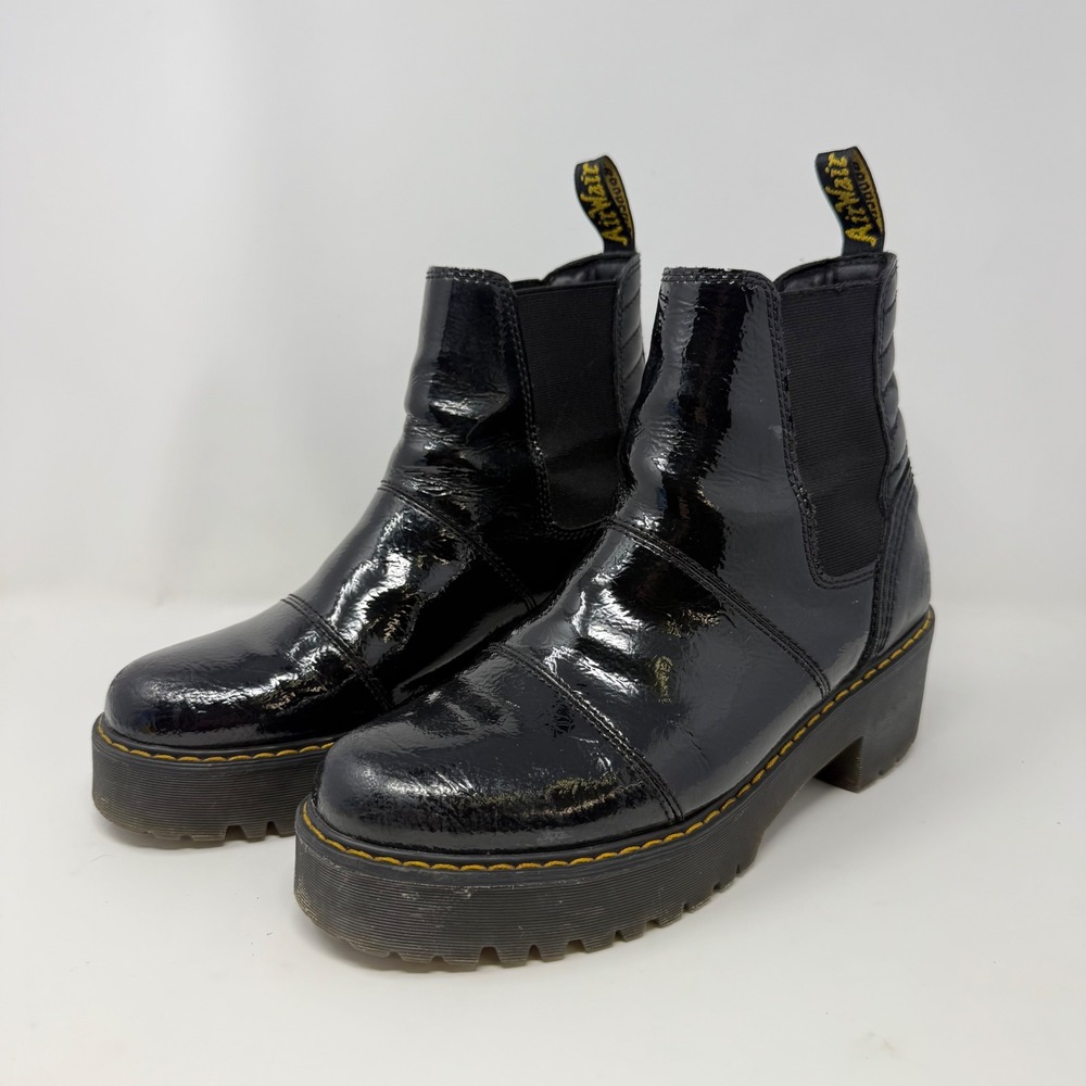 Dr. Martens Rometty Patent Leather Platform Chelsea Boots Black Womens 10